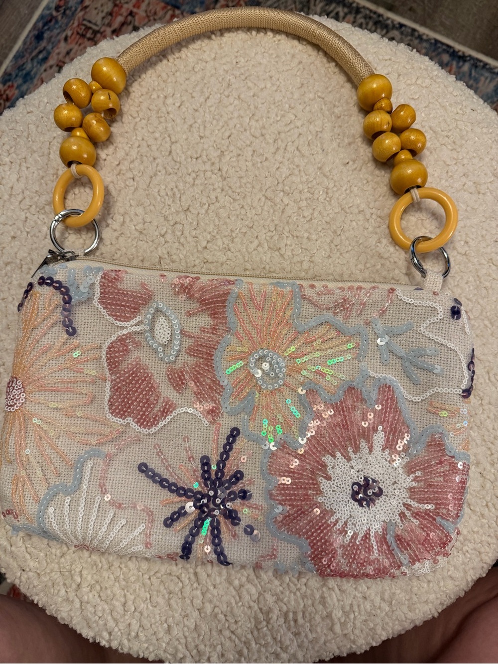 Cream Sequin Floral Mini Bag with Yellow Bead Handle